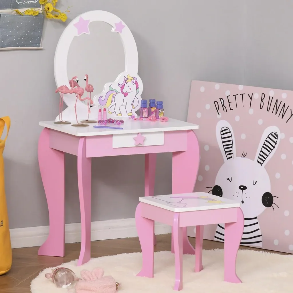 2-set children's dressing table with stool, vanity table with drawer, mirror for 3-8 years, MDF acrylic, pink and white
