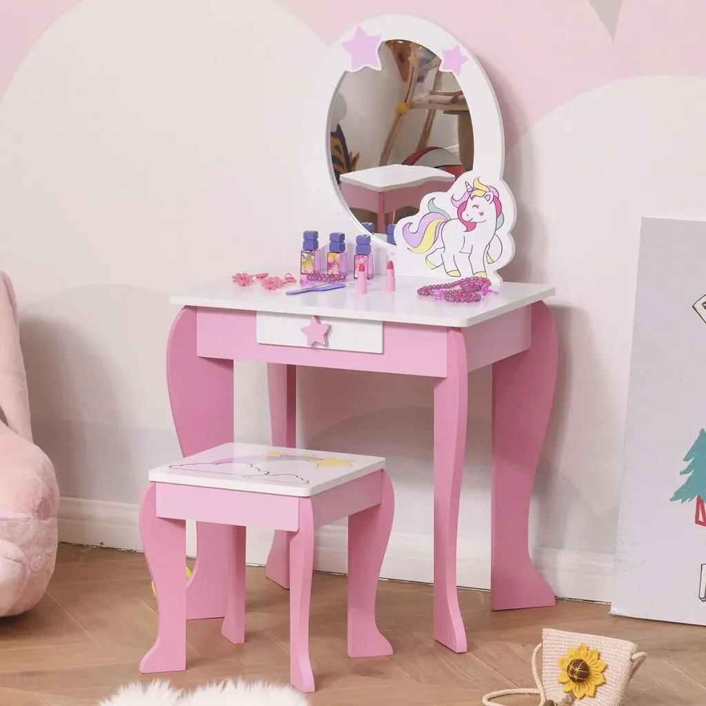 2-set children's dressing table with stool, vanity table with drawer, mirror for 3-8 years, MDF acrylic, pink and white