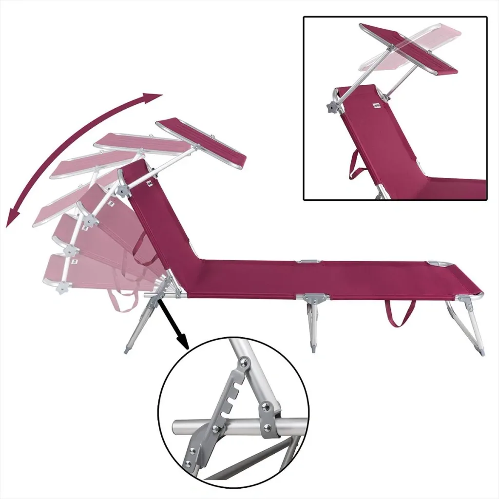 Deck chair 'Ibiza' with sliding roof, aluminum, ruby ​​red, 190 x 59 x 29 cm