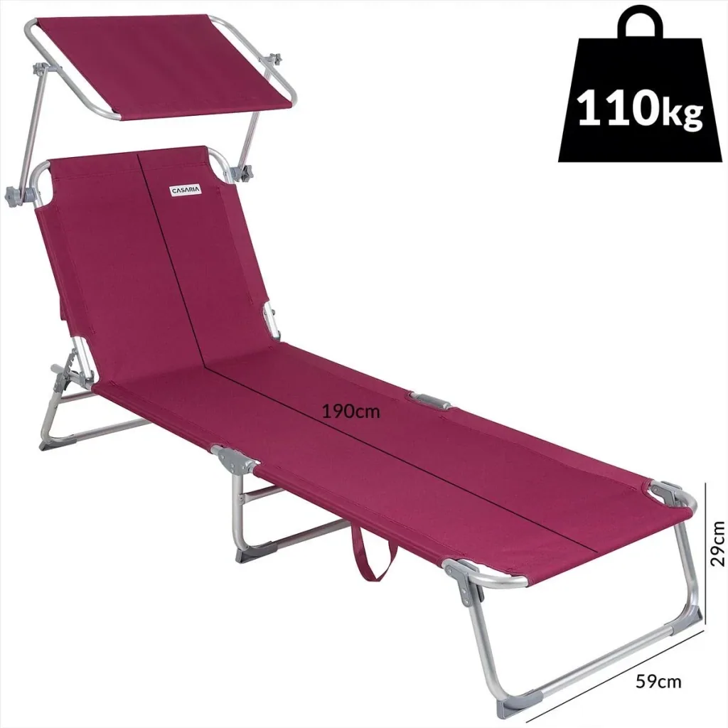 Deck chair 'Ibiza' with sliding roof, aluminum, ruby ​​red, 190 x 59 x 29 cm