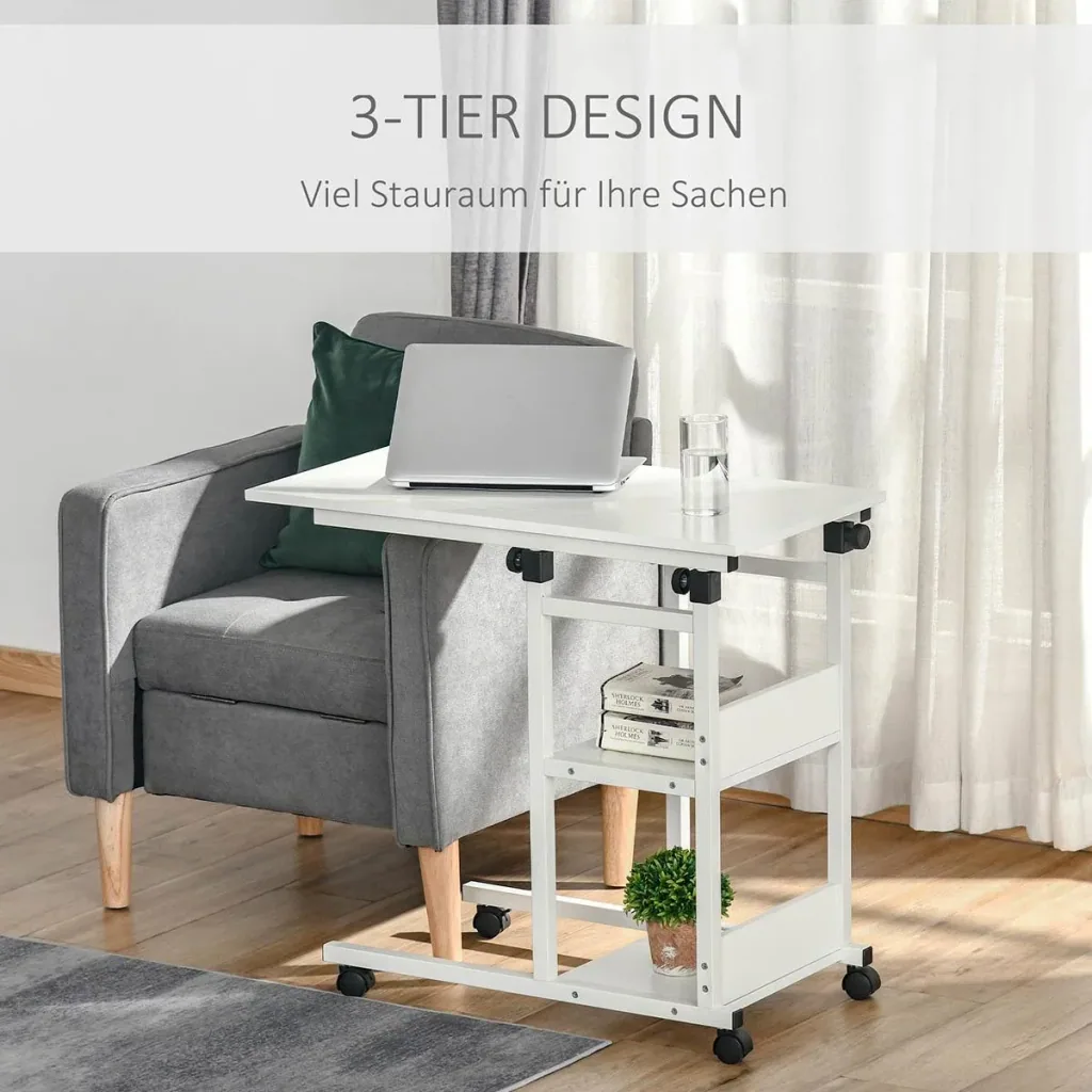 Side table coffee table with wheels, bedside table for dining room living room, height adjustable, 2 lower shelves, E1 chipboard