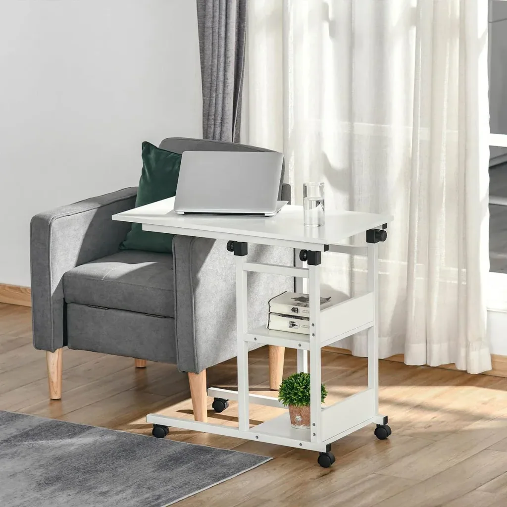 Side table coffee table with wheels, bedside table for dining room living room, height adjustable, 2 lower shelves, E1 chipboard