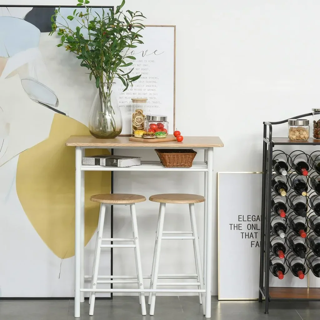 Bar table with chair set with non-slip floor mat Kitchen table and chairs High table and bar stools with storage shelf MDF board