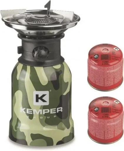 Stainless steel camping gas burner with piezo ignition - 1 burner + 2 gas canisters