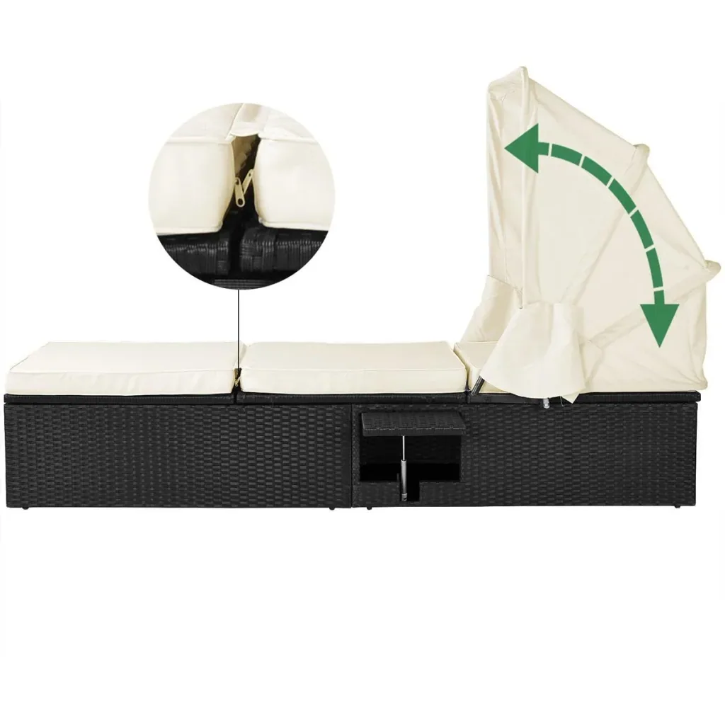 Lounger with sliding roof polyrattan black/cream white 195 x 60 x 39/145cm