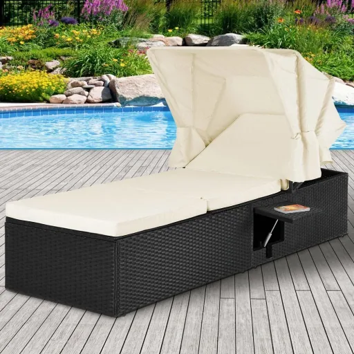Lounger with sliding roof polyrattan black/cream white 195 x 60 x 39/145cm