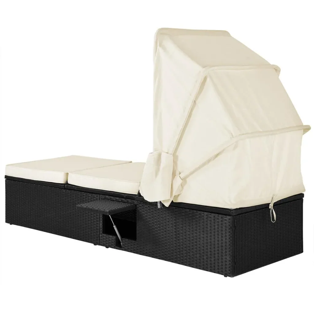 Lounger with sliding roof polyrattan black/cream white 195 x 60 x 39/145cm