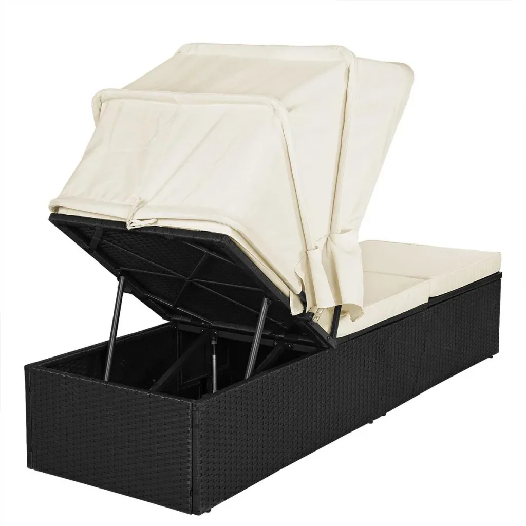 Lounger with sliding roof polyrattan black/cream white 195 x 60 x 39/145cm