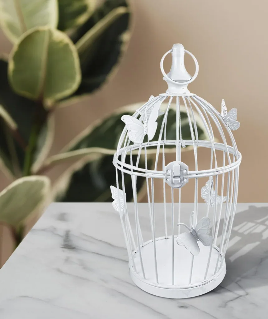 Decorative flower cage in white with butterfly design