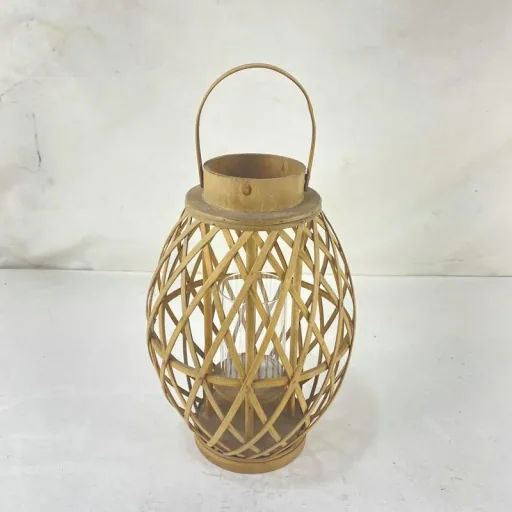 Bamboo lantern with handle and glass insert
