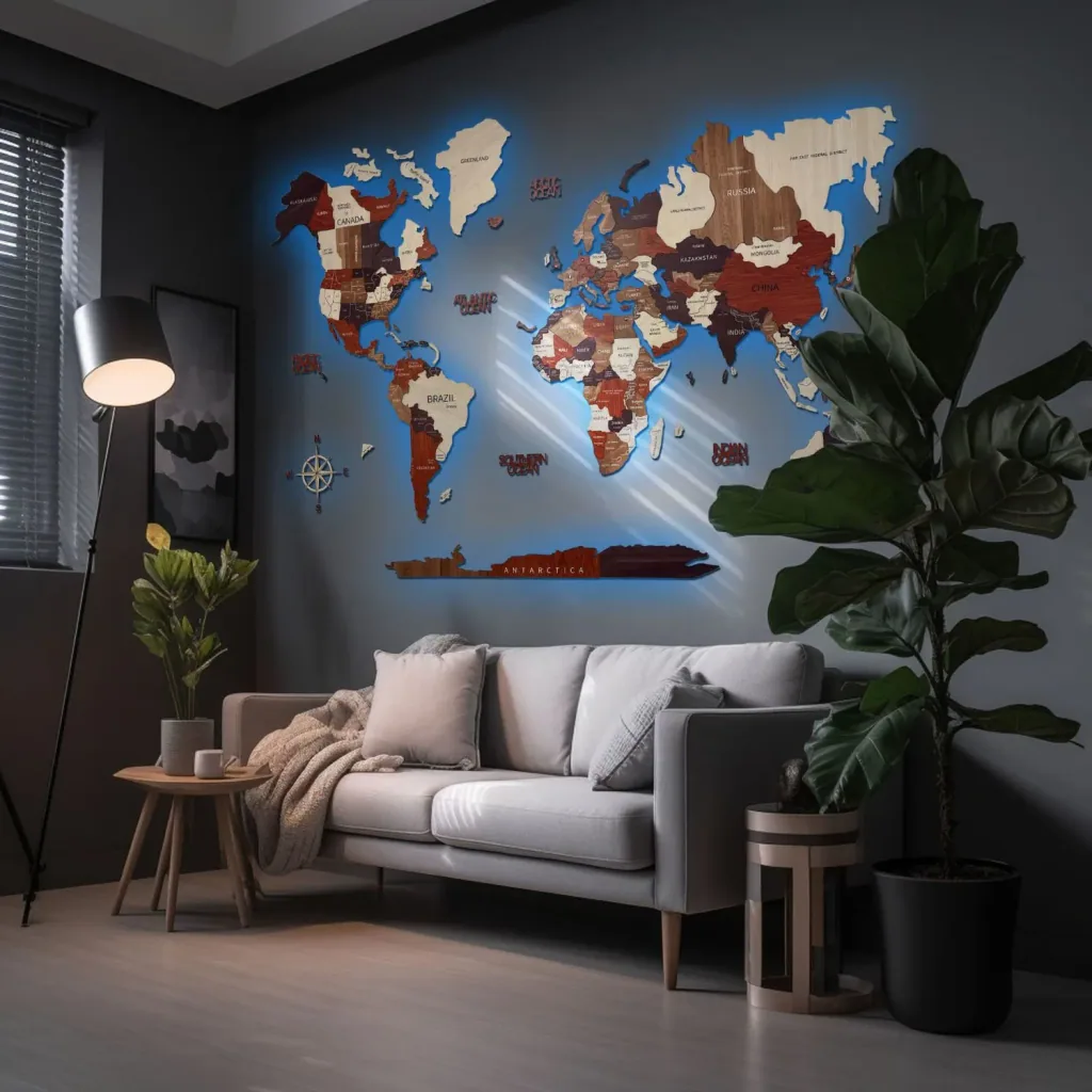 Houten Wereldkaart, Green Split - 3D muur decoratie, Wereldkaartmaat: L