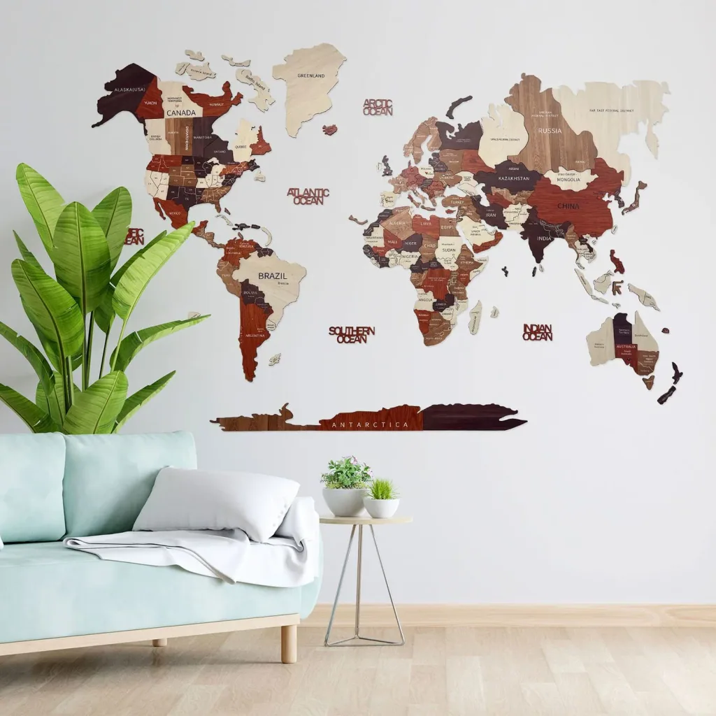Houten Wereldkaart, Green Split - 3D muur decoratie, Wereldkaartmaat: L