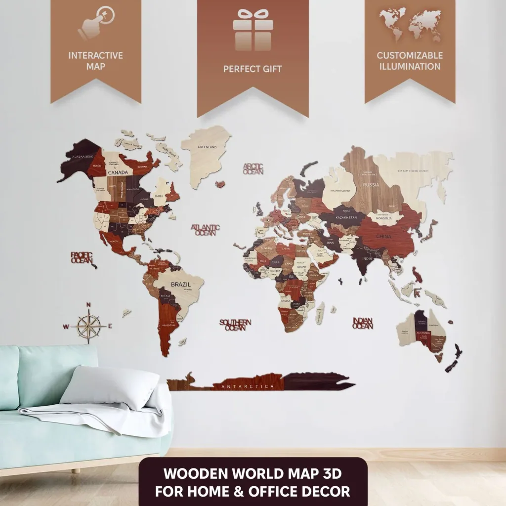 Houten Wereldkaart, Green Split - 3D muur decoratie, Wereldkaartmaat: L