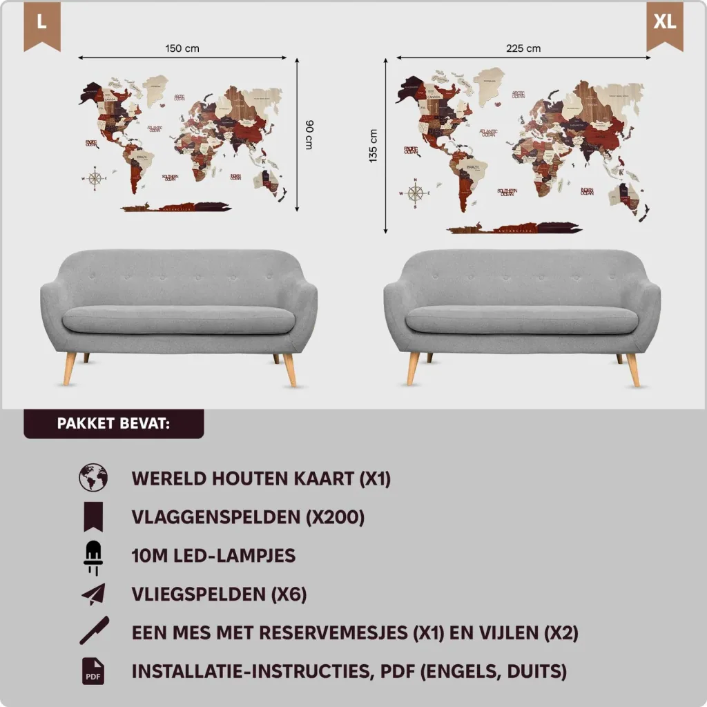 Houten Wereldkaart, Green Split - 3D muur decoratie, Wereldkaartmaat: L