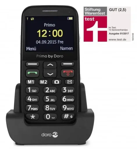 Primo 366 black large-button mobile phone with table charger, Bluetooth, flashlight, FM radio, standby time up to 12 days