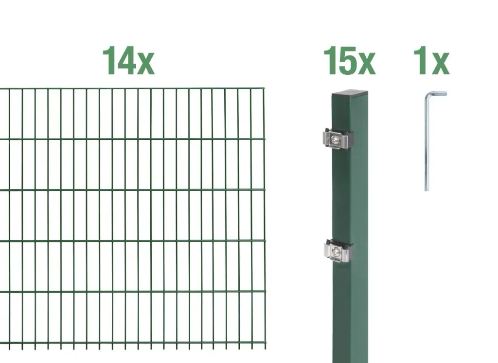 Double rod mesh fence complete set, green, height 160 cm, length 28 m