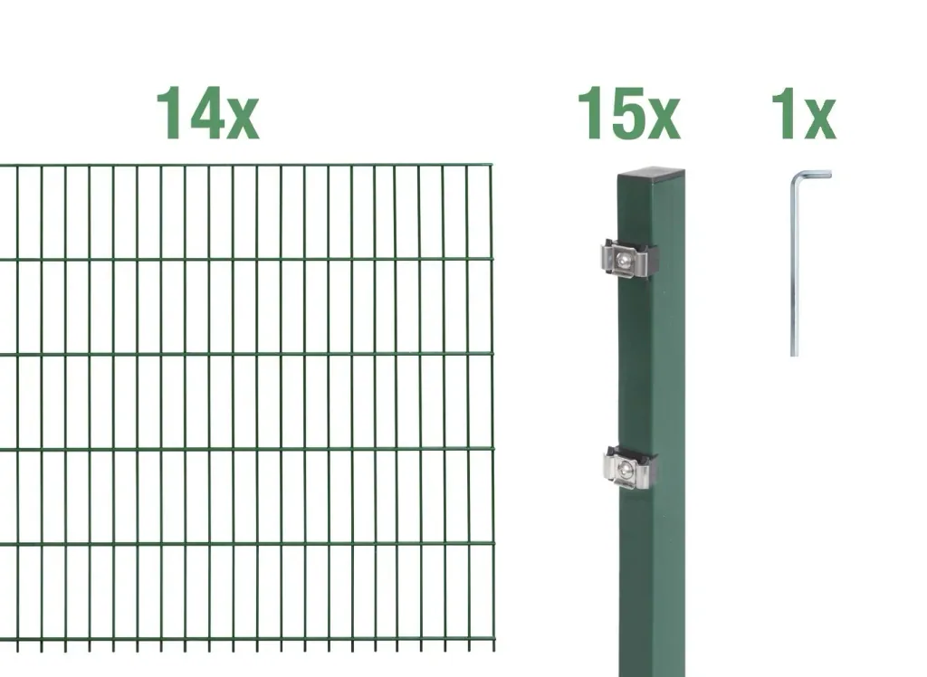 Double rod mesh fence complete set, green, height 160 cm, length 28 m