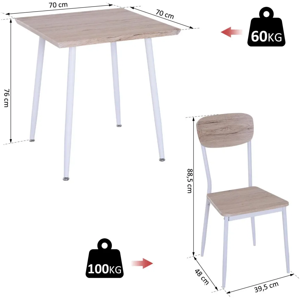 3-piece dining set, dining table set, wooden table, natural wood grain with 1 table + 2 chairs