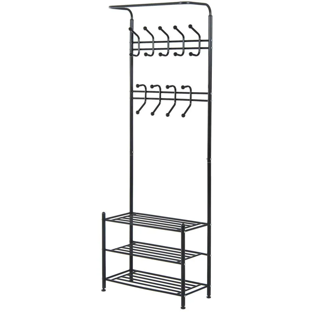 Clothes rack 18 hooks with shoe rack metal black