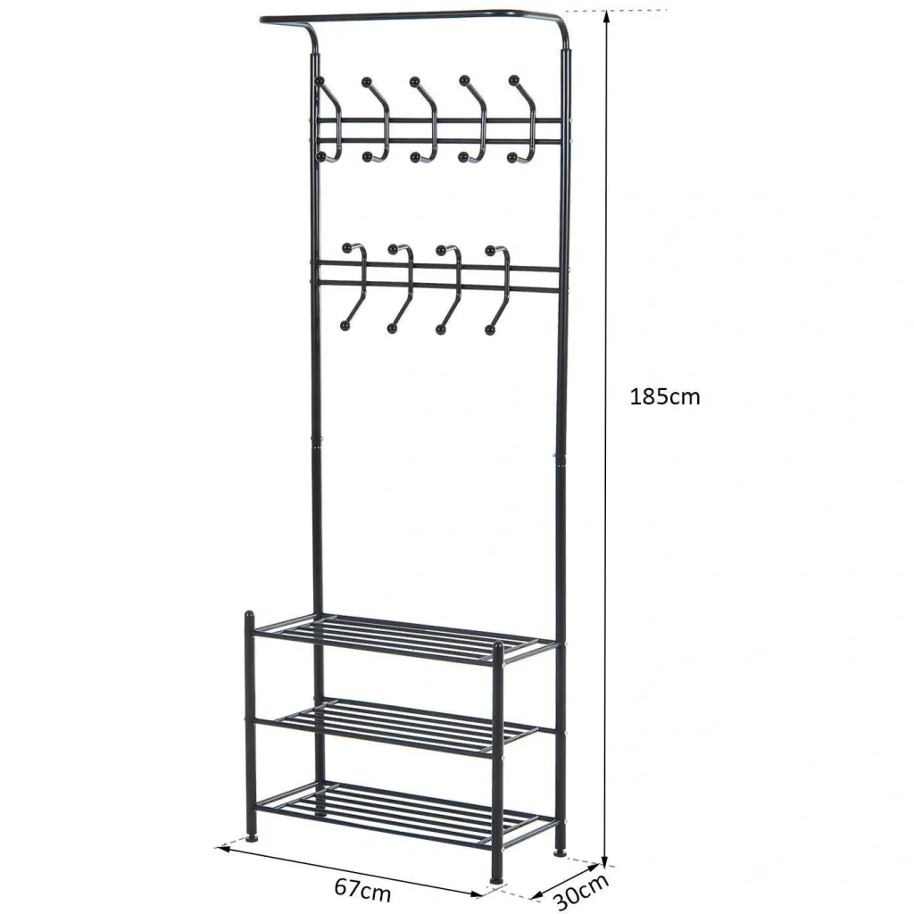 Clothes rack 18 hooks with shoe rack metal black