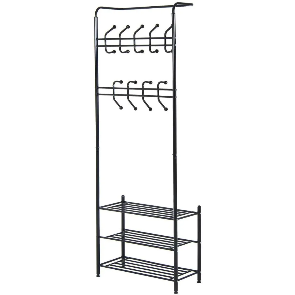 Clothes rack 18 hooks with shoe rack metal black