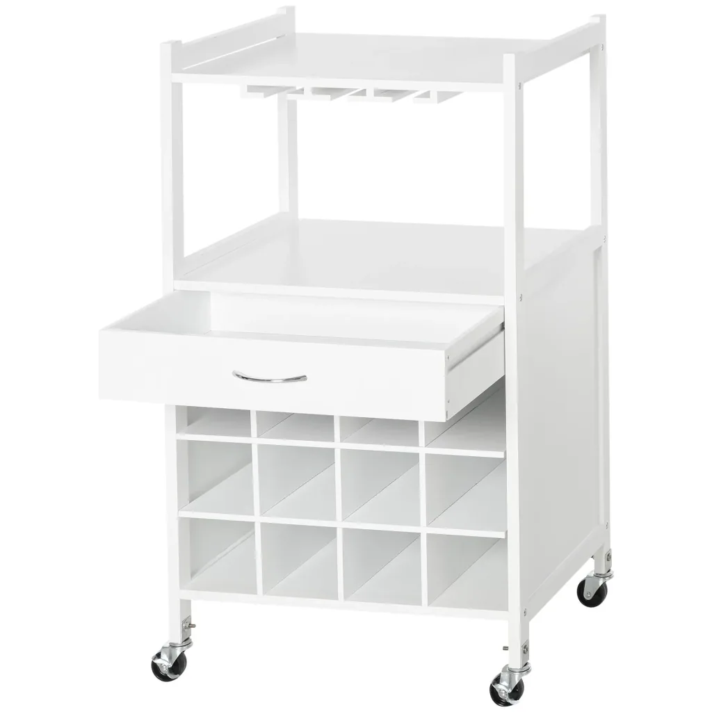 Kitchen trolley with wheels and wine rack white