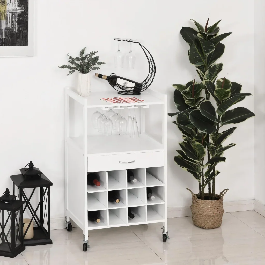 Kitchen trolley with wheels and wine rack white