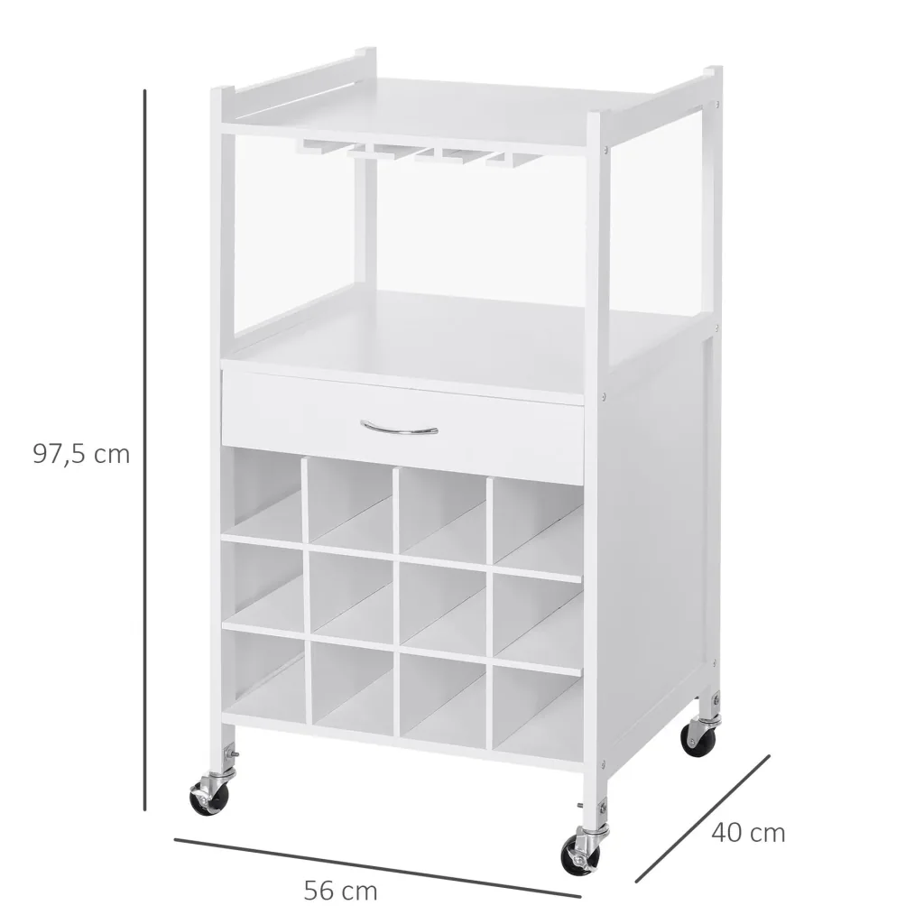 Kitchen trolley with wheels and wine rack white