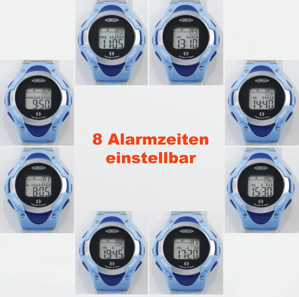 Wristwatch with 8-time alarm, stopwatch and countdown function (short-term alarm clock)