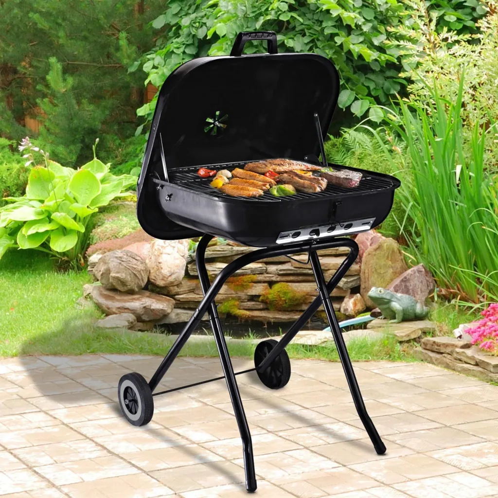 Charcoal grill with wheels, grill cart, metal, black