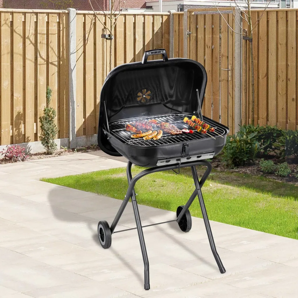 Charcoal grill with wheels, grill cart, metal, black