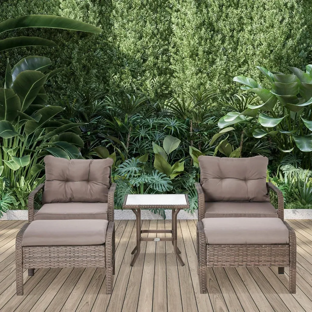 Rattan garden furniture 5-piece set bench with stool table steel