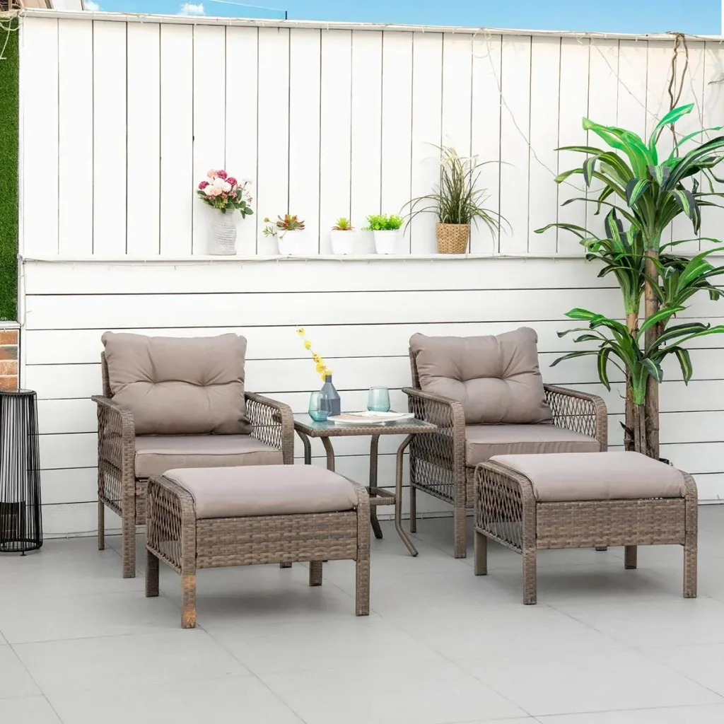Rattan garden furniture 5-piece set bench with stool table steel