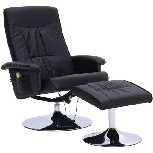 Adjustable massage chair with footstool, black faux leather