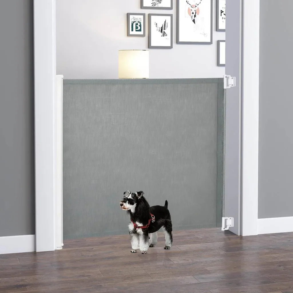 Door and stair gate rollable, one-hand operation PVC grey