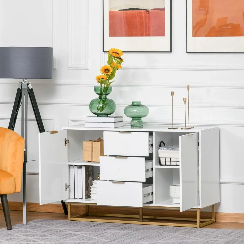 Sideboard chest of drawers modern side cabinet with cupboards and drawers gold base plenty of storage space white MDF steel 120 x 40