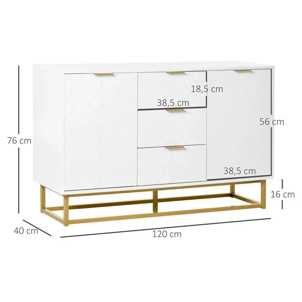 Sideboard chest of drawers modern side cabinet with cupboards and drawers gold base plenty of storage space white MDF steel 120 x 40