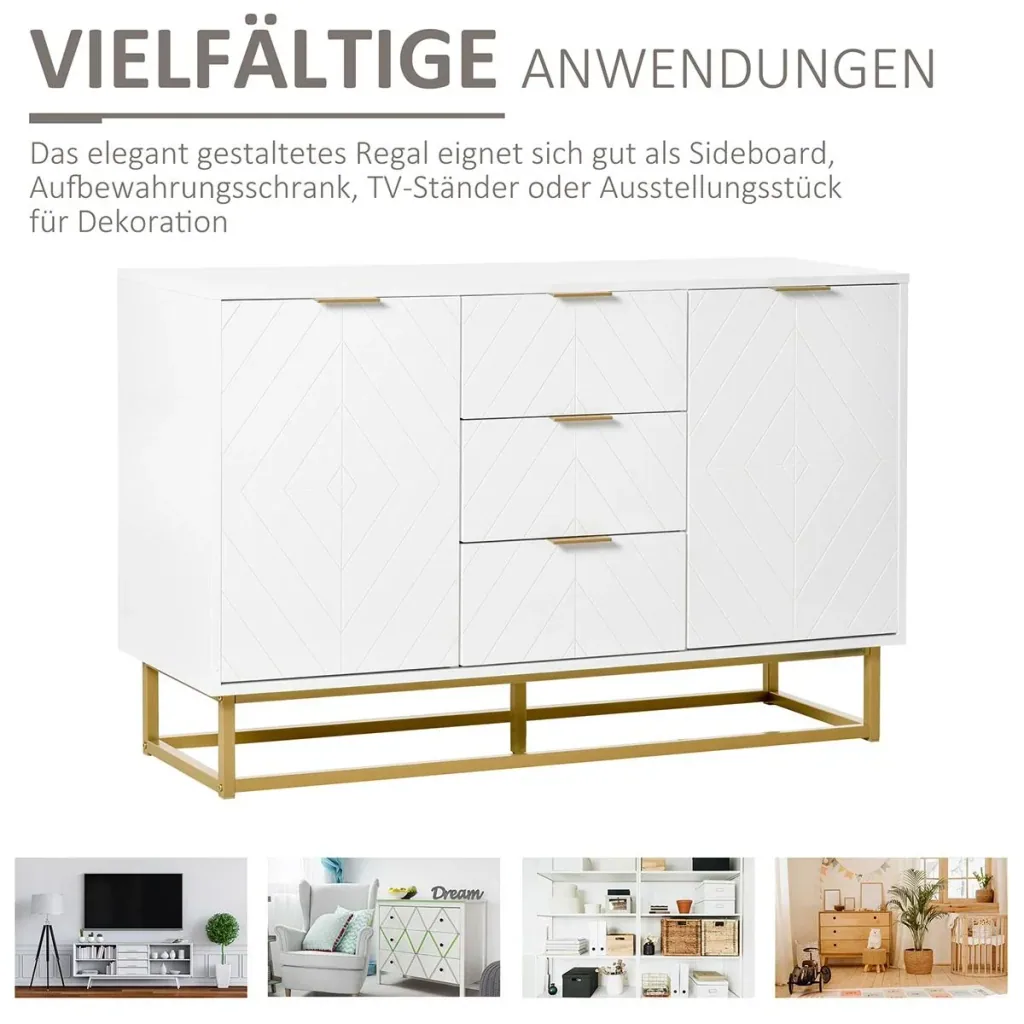 Sideboard chest of drawers modern side cabinet with cupboards and drawers gold base plenty of storage space white MDF steel 120 x 40
