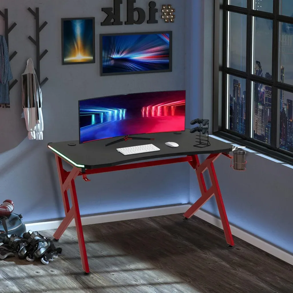 Gaming Table RGB Lights Desk R-shaped 4 Adjustable Footrests Computer Table Work Table Chipboard Metal