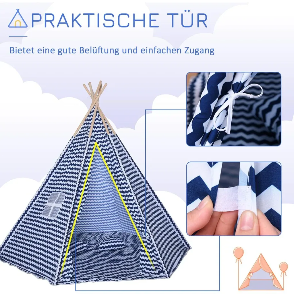 Tipi children's tent with floor mat blue, white