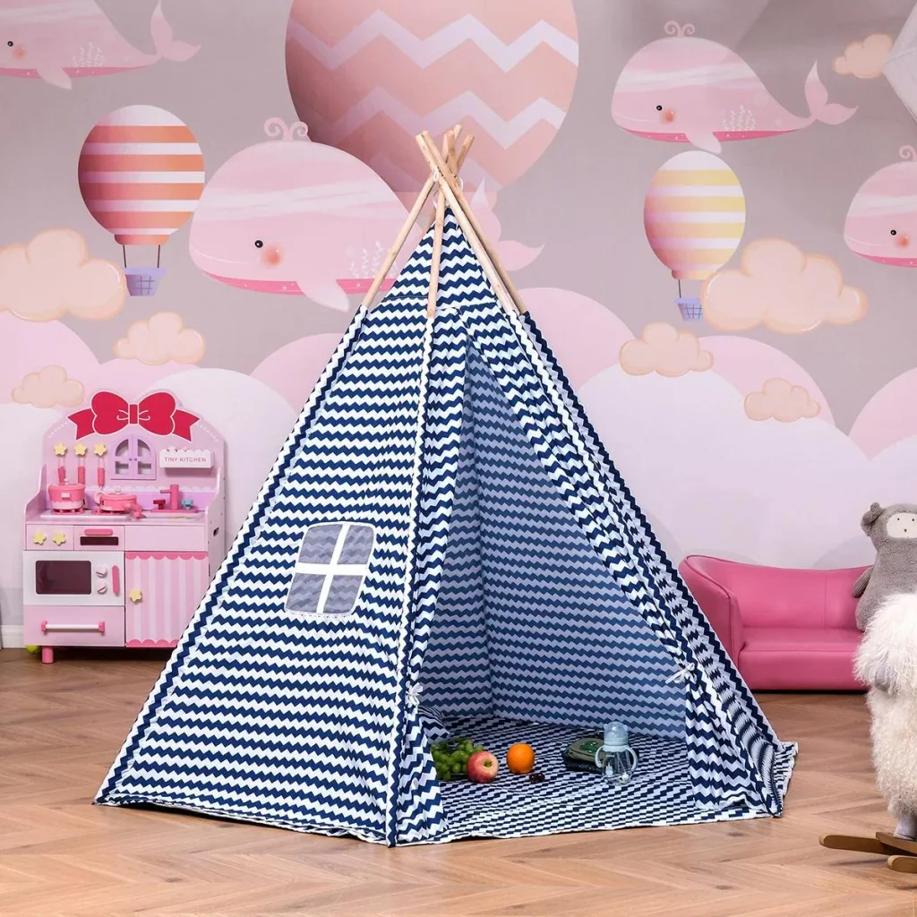 Tipi children's tent with floor mat blue, white