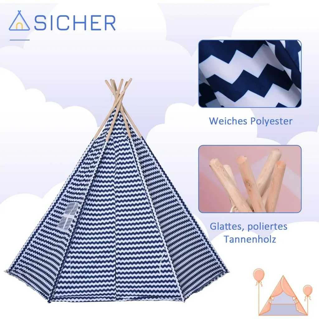 Tipi children's tent with floor mat blue, white