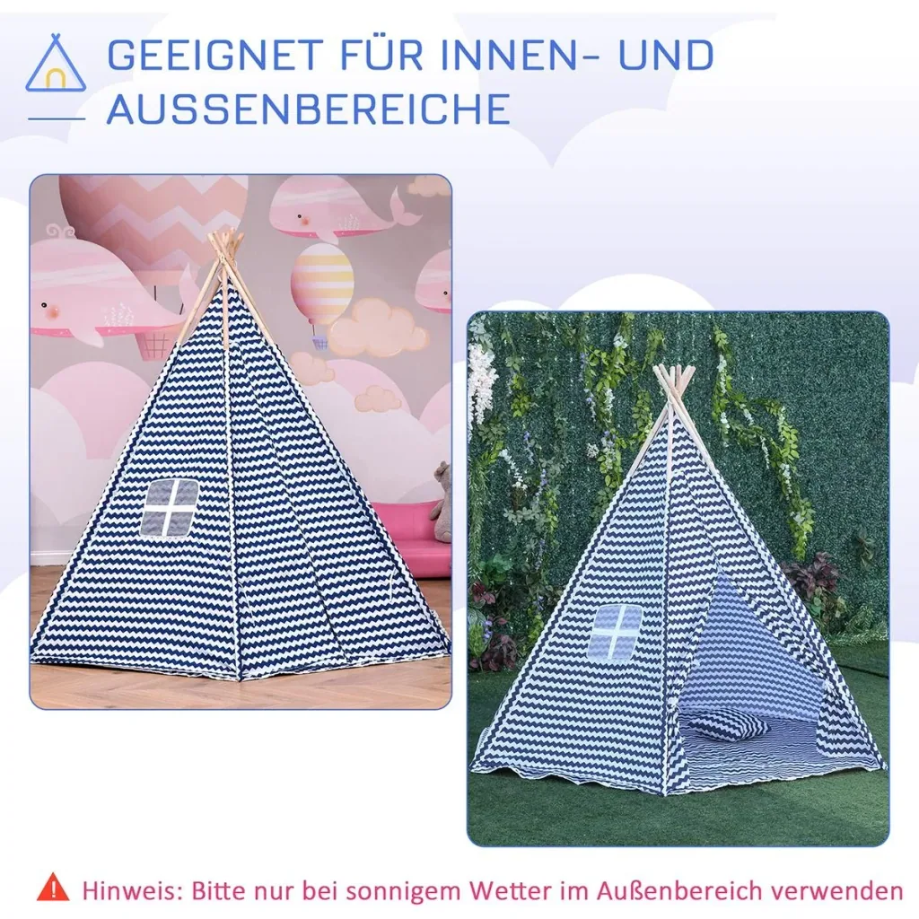 Tipi children's tent with floor mat blue, white