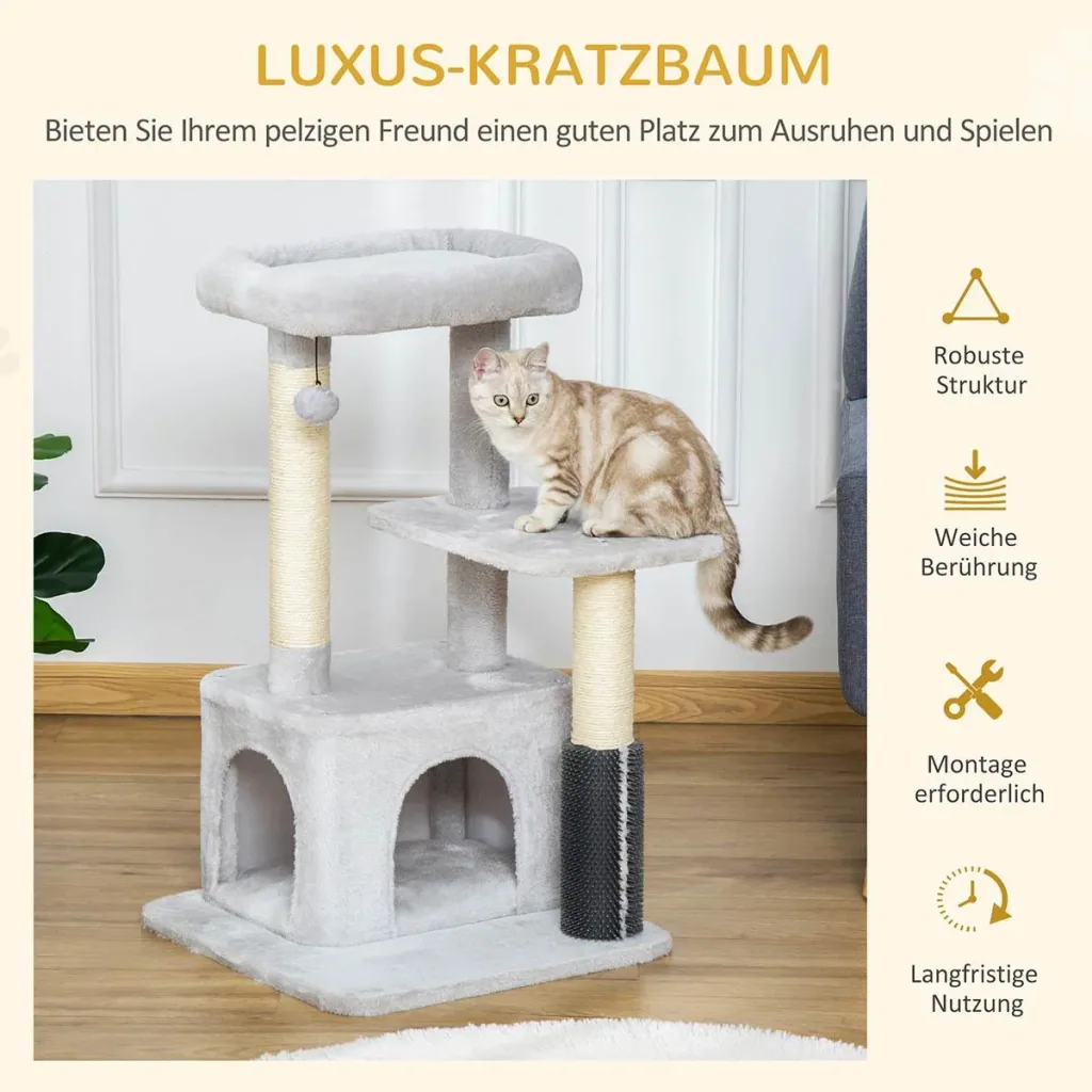 Cat tree with massage corner, cat cave, play ball, cat scratching post, sisal rope scratching posts, light grey, 48 x 48 x 80