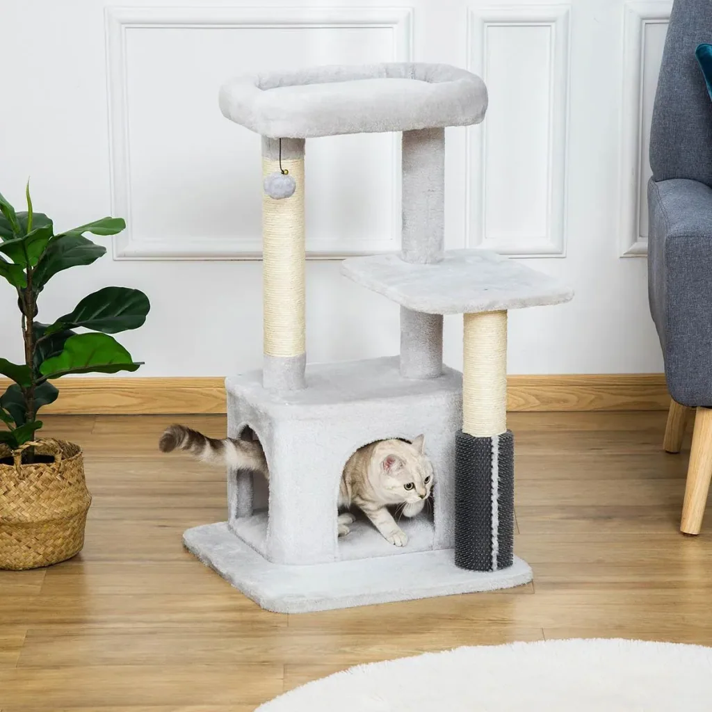 Cat tree with massage corner, cat cave, play ball, cat scratching post, sisal rope scratching posts, light grey, 48 x 48 x 80