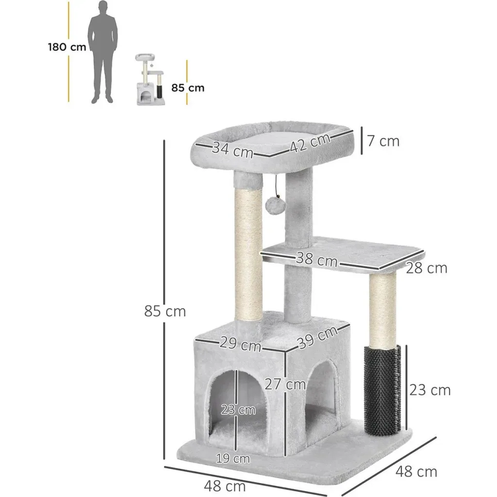 Cat tree with massage corner, cat cave, play ball, cat scratching post, sisal rope scratching posts, light grey, 48 x 48 x 80
