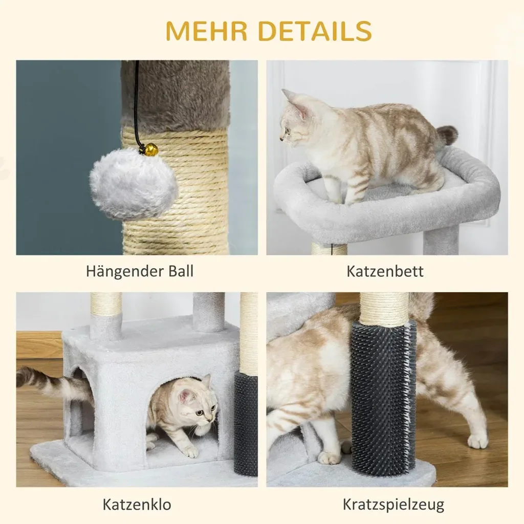 Cat tree with massage corner, cat cave, play ball, cat scratching post, sisal rope scratching posts, light grey, 48 x 48 x 80