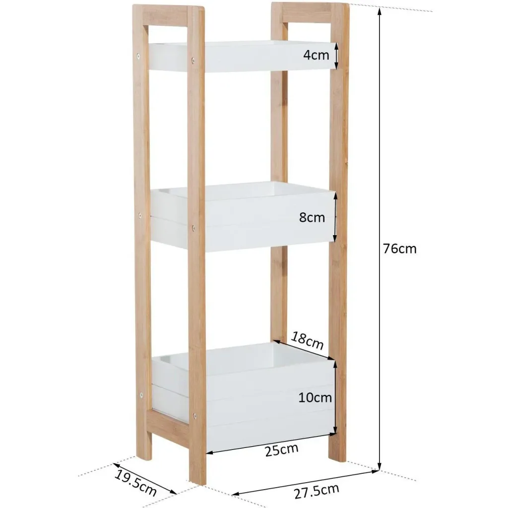 Bathroom shelf, standing shelf, wooden shelf with 3 storage compartments, white