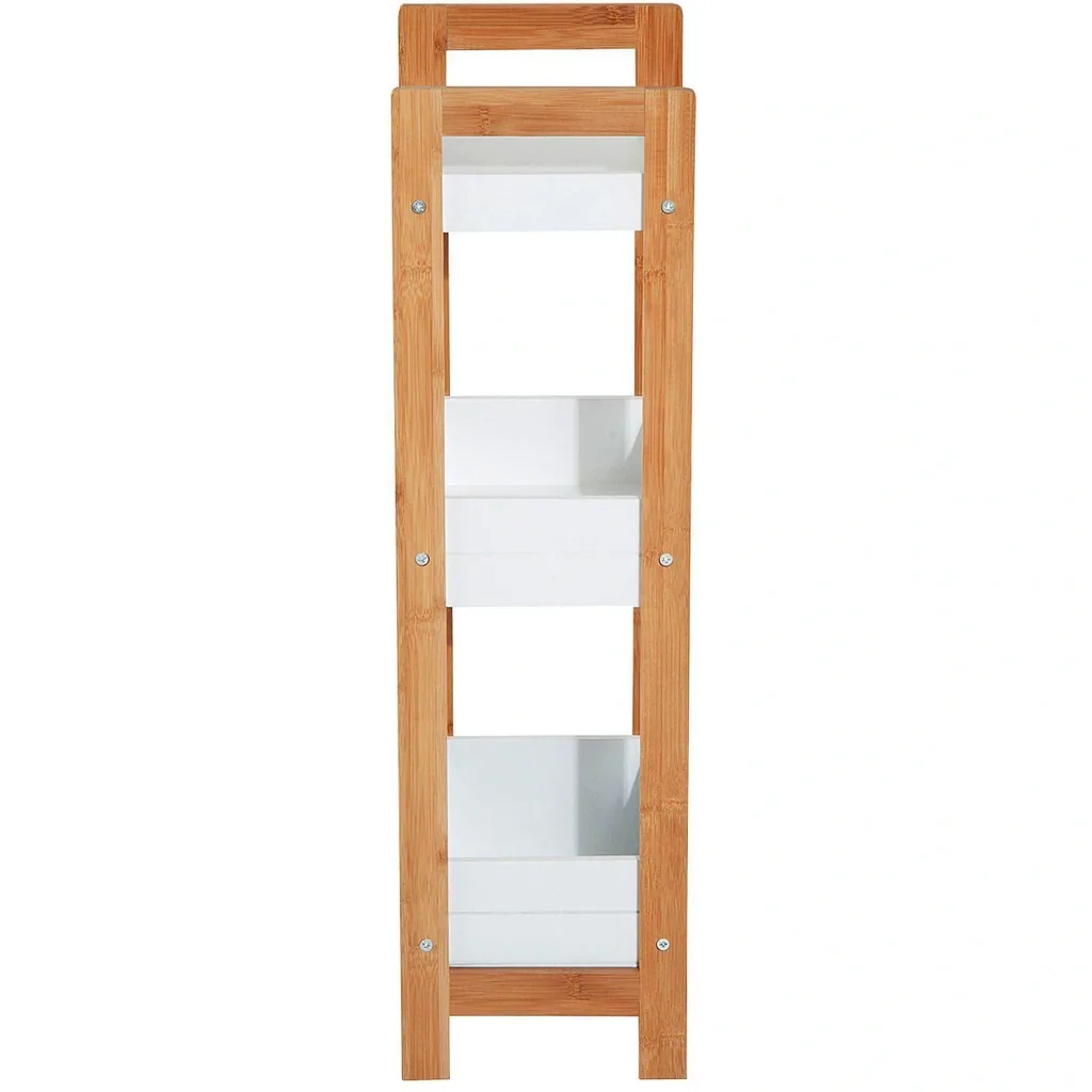 Bathroom shelf, standing shelf, wooden shelf with 3 storage compartments, white
