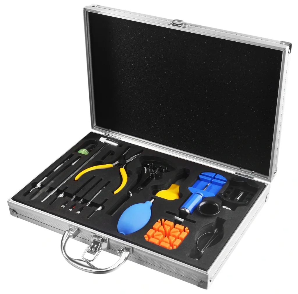High-quality watchmaker tool set in an aluminum case